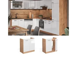 Vicco Spülenunterschrank R-Line Hochglanz/Goldkraft Eiche 80 cm AP Marmor< Küchenschränke