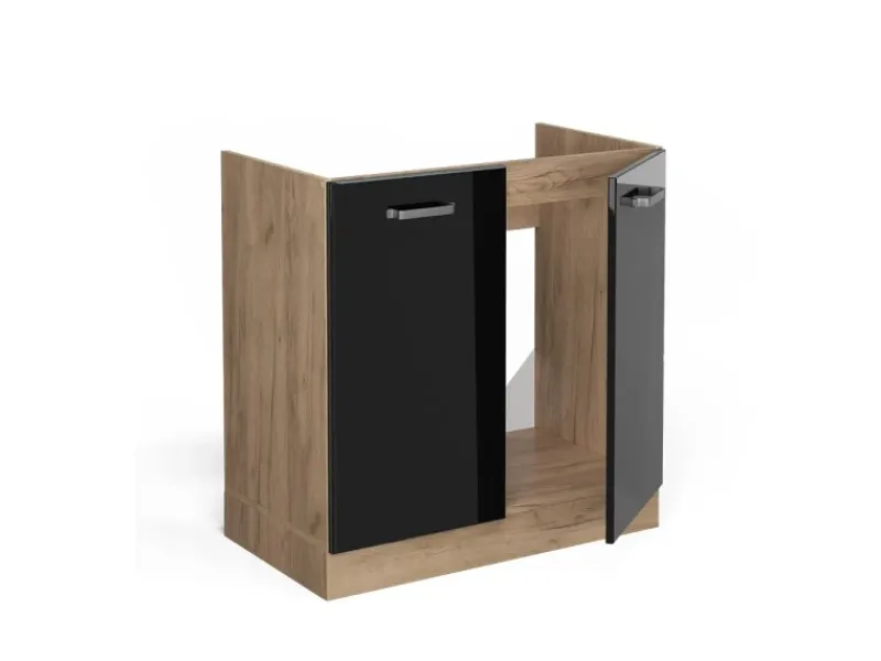 Outlet Vicco Spülenunterschrank R-Line Schwarz Hochglanz/Goldkraft Eiche 80 cm AP Marmor Schwarz Glänzend
