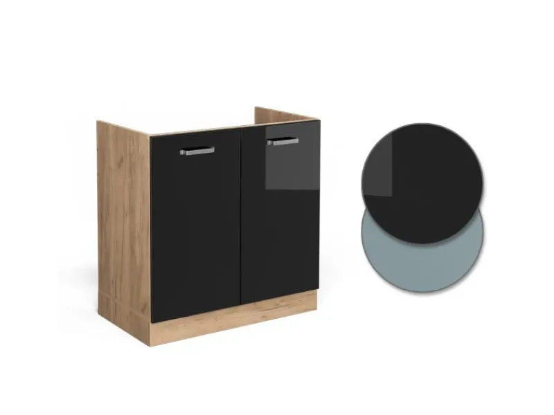 Outlet Vicco Spülenunterschrank R-Line Schwarz Hochglanz/Goldkraft Eiche 80 cm AP Marmor Schwarz Glänzend