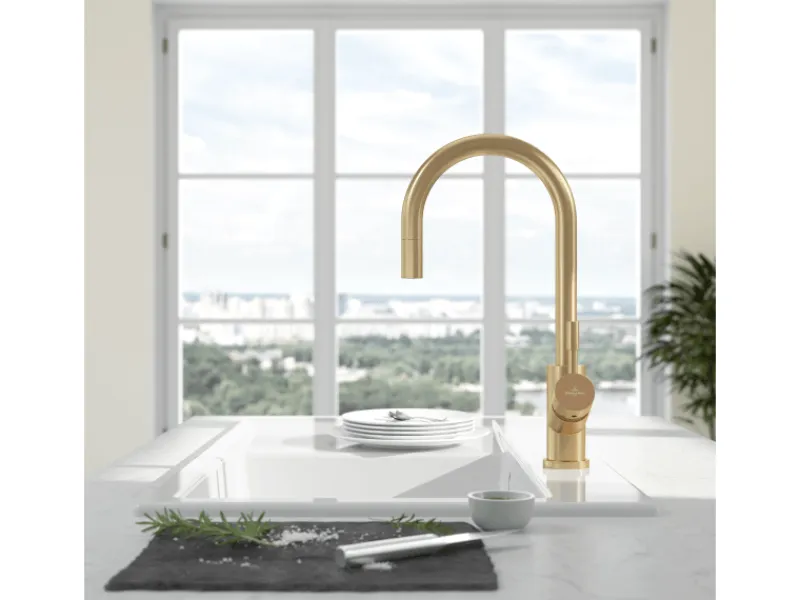 Clearance Villeroy & Boch Küchenarmatur Umbrella Flex Hochdruck-Armatur mit Ausziehbarer Brause Wassersparend Gold