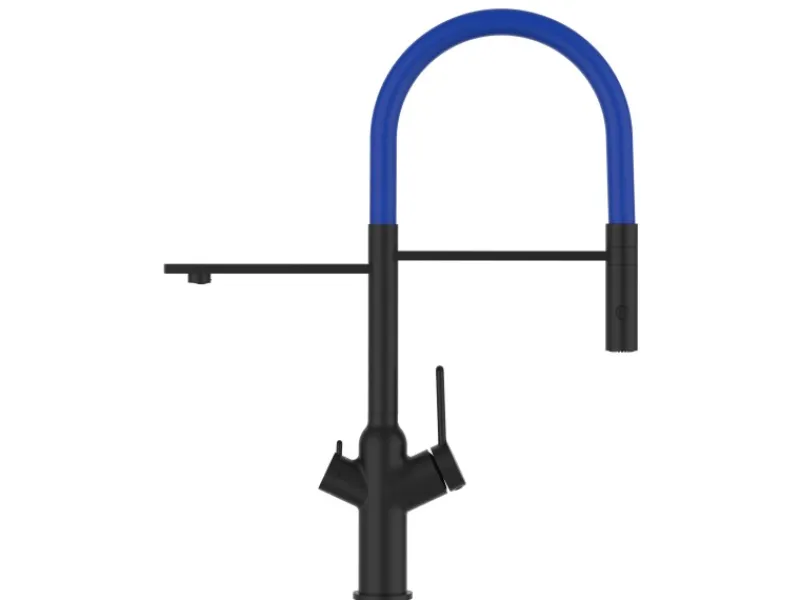 Einhebelmischer<VIZIO 4 Wege Wasserhahn Küchenarmatur BOD mit 360° Schwenkbarem Auslauf Abnehmbare 2 Strahl Handbrause Schwarz Matt Blau