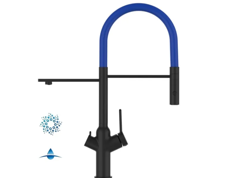 Einhebelmischer<VIZIO 4 Wege Wasserhahn Küchenarmatur BOD mit 360° Schwenkbarem Auslauf Abnehmbare 2 Strahl Handbrause Schwarz Matt Blau