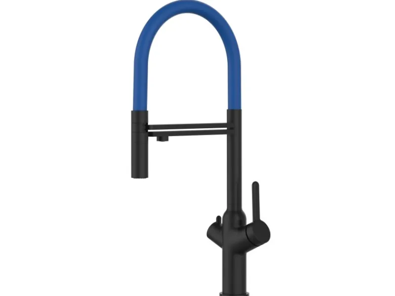 Einhebelmischer<VIZIO 4 Wege Wasserhahn Küchenarmatur BOD mit 360° Schwenkbarem Auslauf Abnehmbare 2 Strahl Handbrause Schwarz Matt Blau