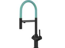 VIZIO 4 Wege Wasserhahn Küchenarmatur BOD mit 360° Schwenkbarem Auslauf Abnehmbare 2 Strahl Handbrause Schwarz Matt   Türkis< Einhebelmischer