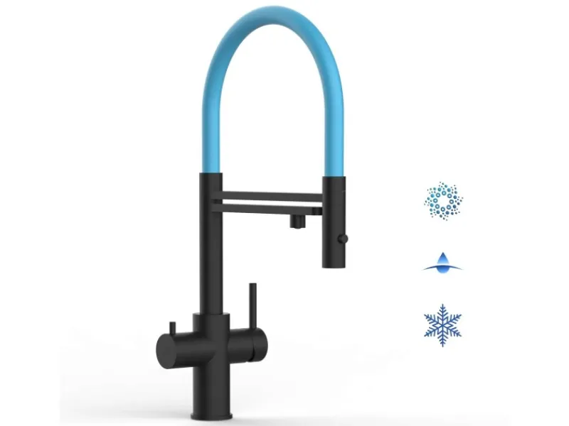 Einhebelmischer<VIZIO 5 Wege Wasserhahn Küchenarmatur Edelstahl Massiv mit 360° Schwenkbarem Auslauf Abnehmbare 2 Strahl Handbrause PVD Schwarz Matt Hellblau