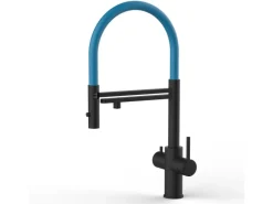 Einhebelmischer<VIZIO 5 Wege Wasserhahn Küchenarmatur Edelstahl Massiv mit 360° Schwenkbarem Auslauf Abnehmbare 2 Strahl Handbrause PVD Schwarz Matt Hellblau