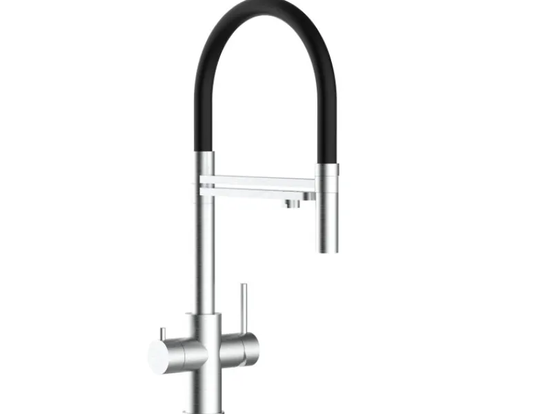 Einhebelmischer<VIZIO 5 Wege Wasserhahn Küchenarmatur Edelstahl Massiv mit 360° Schwenkbarem Auslauf Abnehmbare 2 Strahl Handbrause Gebürstet Schwarz