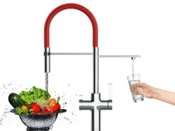 Einhebelmischer<VIZIO 3 Wege Wasserhahn Küchenarmatur FC mit 360° Schwenkbarem Auslauf Abnehmbare 2 Strahl Handbrause Verchromt Rot