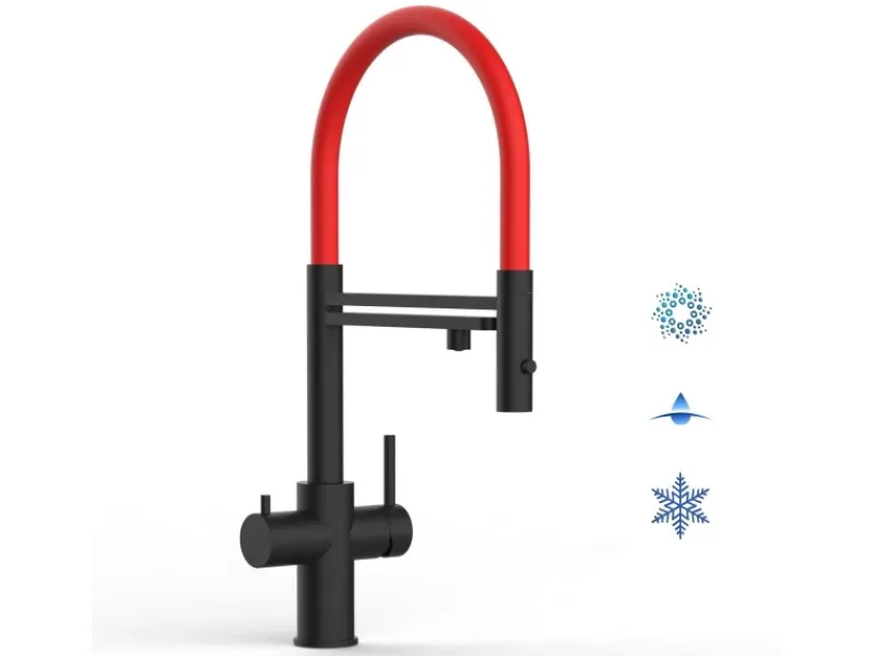 Einhebelmischer<VIZIO 5 Wege Wasserhahn Küchenarmatur Edelstahl Massiv mit 360° Schwenkbarem Auslauf Abnehmbare 2 Strahl Handbrause PVD Schwarz Matt Rot