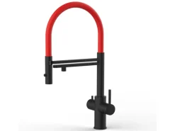 Einhebelmischer<VIZIO 5 Wege Wasserhahn Küchenarmatur Edelstahl Massiv mit 360° Schwenkbarem Auslauf Abnehmbare 2 Strahl Handbrause PVD Schwarz Matt Rot