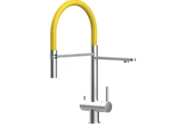 Einhebelmischer<VIZIO 3 Wege Wasserhahn Küchenarmatur Edelstahl Massiv mit 360° Schwenkbarem Auslauf Abnehmbare 2 Strahl Handbrause Gebürstet   Gelb