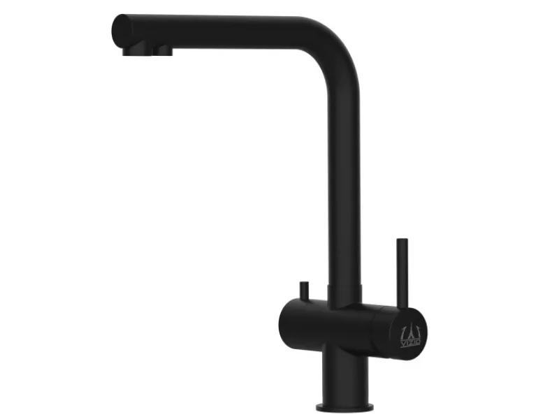 Einhebelmischer<VIZIO 3 Wege Wasserhahn Küchenarmatur Edelstahl Massiv mit 360° Schwenkbarem L Auslauf PVD Schwarz Matt