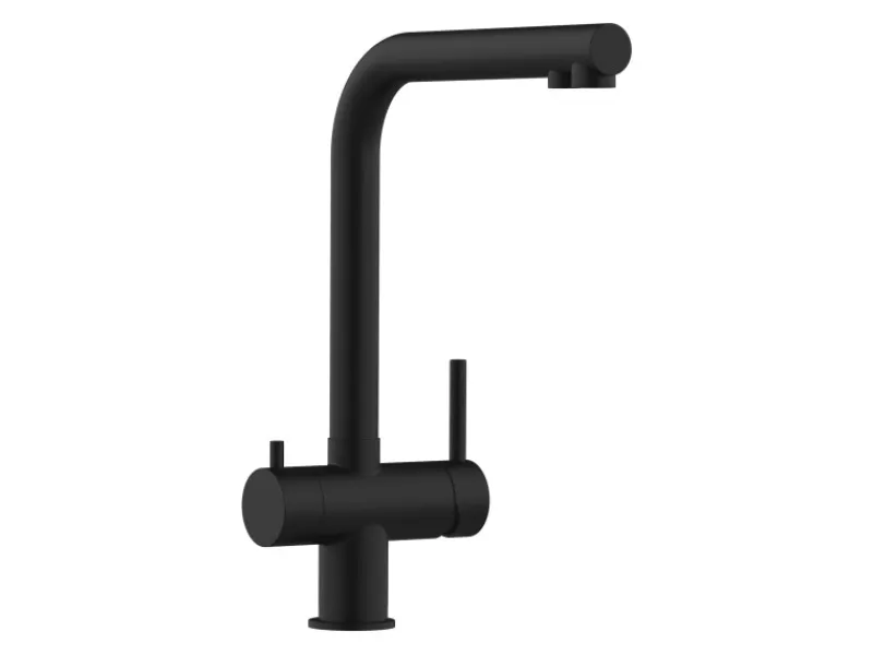 Einhebelmischer<VIZIO 3 Wege Wasserhahn Küchenarmatur Edelstahl Massiv mit 360° Schwenkbarem L Auslauf PVD Schwarz Matt