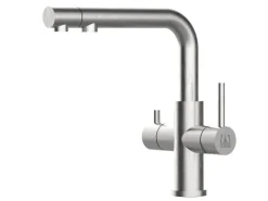 Einhebelmischer<VIZIO 3 Wege Wasserhahn Küchenarmatur Edelstahl Massiv mit Schwenkbarem L Auslauf und Herausziehbarer Brause Gebürstet