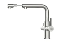 Einhebelmischer<VIZIO 3 Wege Wasserhahn Küchenarmatur Edelstahl Massiv mit Schwenkbarem L Auslauf und Herausziehbarer Brause Gebürstet
