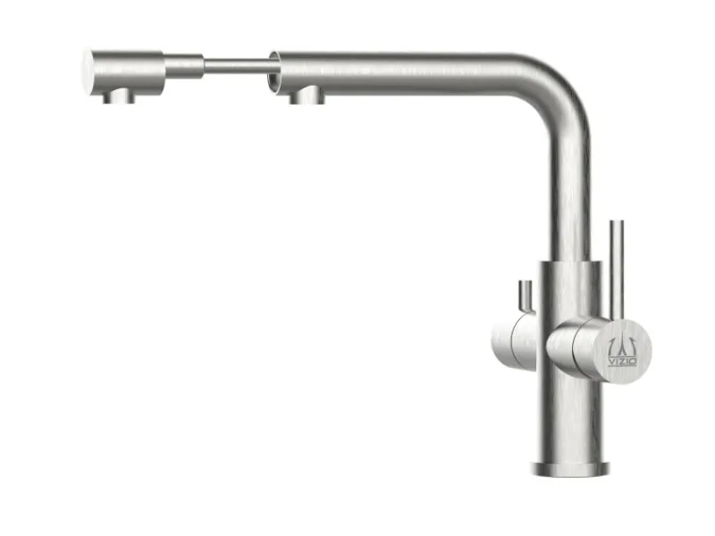 Einhebelmischer<VIZIO 3 Wege Wasserhahn Küchenarmatur Edelstahl Massiv mit Schwenkbarem L Auslauf und Herausziehbarer Brause Gebürstet