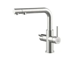 Einhebelmischer<VIZIO 3 Wege Wasserhahn Küchenarmatur Edelstahl Massiv mit Schwenkbarem L Auslauf und Herausziehbarer Brause Gebürstet