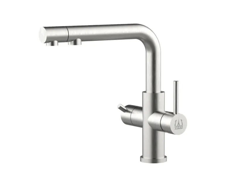 Einhebelmischer<VIZIO 3 Wege Wasserhahn Küchenarmatur Edelstahl Massiv mit Schwenkbarem L Auslauf und Herausziehbarer Brause Gebürstet