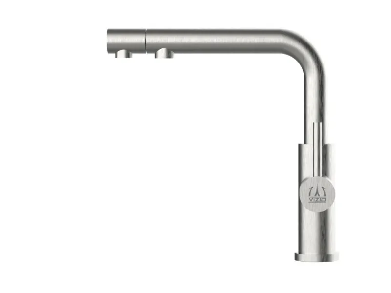 Einhebelmischer<VIZIO 3 Wege Wasserhahn Küchenarmatur Edelstahl Massiv mit Schwenkbarem L Auslauf und Herausziehbarer Brause Gebürstet