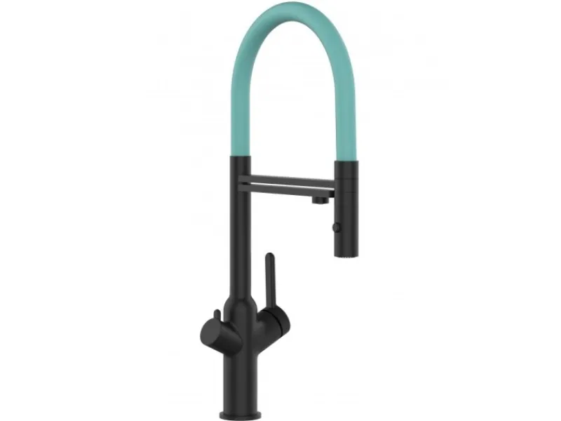 Sale VIZIO 3 Wege Wasserhahn Küchenarmatur BOD mit 360° Schwenkbarem Auslauf Abnehmbare 2 Strahl Handbrause Schwarz Matt Türkis
