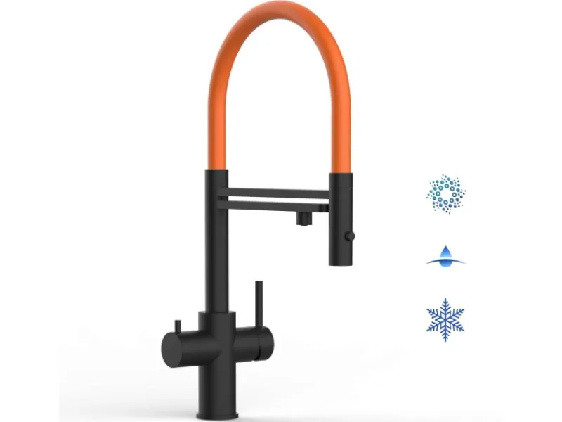 VIZIO 5 Wege Wasserhahn Küchenarmatur Edelstahl Massiv mit 360° Schwenkbarem Auslauf Abnehmbare 2 Strahl Handbrause PVD Schwarz Matt Orange< Einhebelmischer