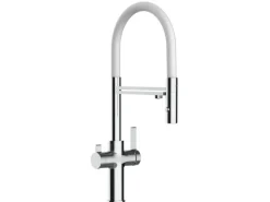 VIZIO 4 Wege Wasserhahn Küchenarmatur FC mit 360° Schwenkbarem Auslauf Abnehmbare 2 Strahl Handbrause Verchromt   Weiß< Einhebelmischer
