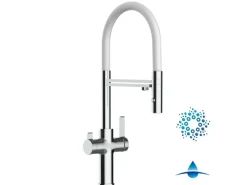 VIZIO 4 Wege Wasserhahn Küchenarmatur FC mit 360° Schwenkbarem Auslauf Abnehmbare 2 Strahl Handbrause Verchromt   Weiß< Einhebelmischer