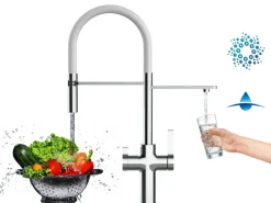 VIZIO 4 Wege Wasserhahn Küchenarmatur FC mit 360° Schwenkbarem Auslauf Abnehmbare 2 Strahl Handbrause Verchromt   Weiß< Einhebelmischer