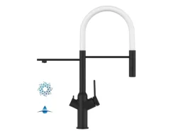 Clearance VIZIO 4 Wege Wasserhahn Küchenarmatur BOD mit 360° Schwenkbarem Auslauf Abnehmbare 2 Strahl Handbrause Schwarz Matt Weiß