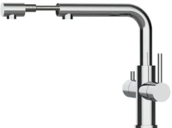VIZIO 4 Wege Wasserhahn Küchenarmatur Edelstahl Massiv mit Schwenkbarem L Auslauf und Herausziehbarer Brause Hochglanz< Einhebelmischer