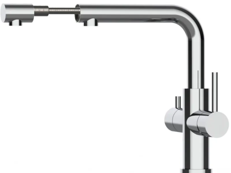VIZIO 4 Wege Wasserhahn Küchenarmatur Edelstahl Massiv mit Schwenkbarem L Auslauf und Herausziehbarer Brause Hochglanz< Einhebelmischer