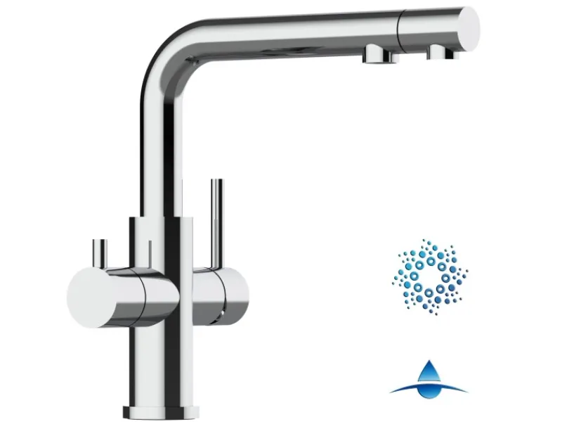 VIZIO 4 Wege Wasserhahn Küchenarmatur Edelstahl Massiv mit Schwenkbarem L Auslauf und Herausziehbarer Brause Hochglanz< Einhebelmischer