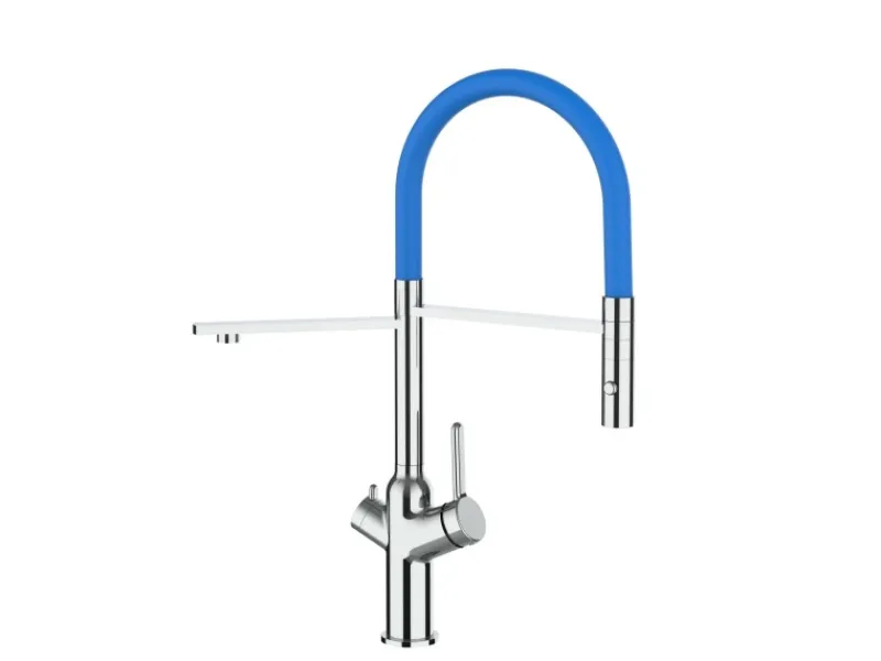 Einhebelmischer<VIZIO 4 Wege Wasserhahn Küchenarmatur BOD mit 360° Schwenkbarem Auslauf Abnehmbare 2 Strahl Handbrause Verchromt Blau