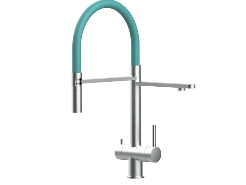 Einhebelmischer<VIZIO 3 Wege Wasserhahn Küchenarmatur Edelstahl Massiv mit 360° Schwenkbarem Auslauf Abnehmbare 2 Strahl Handbrause Gebürstet Türkis