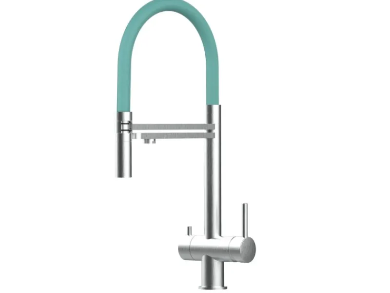 Einhebelmischer<VIZIO 3 Wege Wasserhahn Küchenarmatur Edelstahl Massiv mit 360° Schwenkbarem Auslauf Abnehmbare 2 Strahl Handbrause Gebürstet Türkis