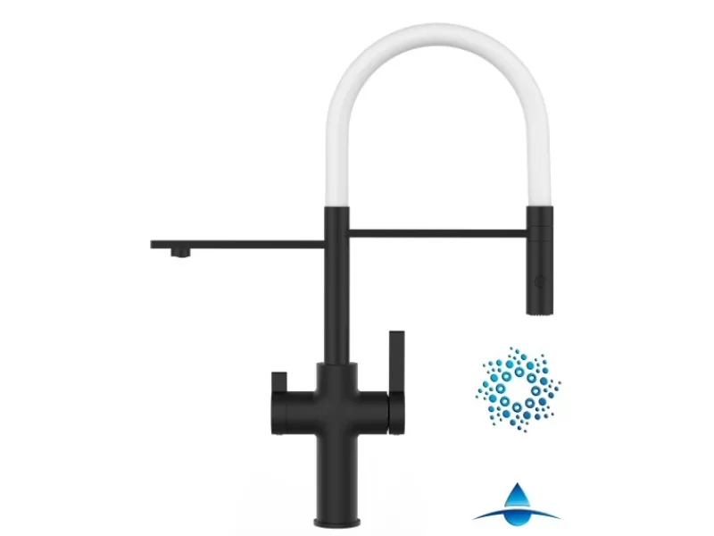 Einhebelmischer<VIZIO 4 Wege Wasserhahn Küchenarmatur FC mit 360° Schwenkbarem Auslauf Abnehmbare 2 Strahl Handbrause Schwarz Matt Weiß