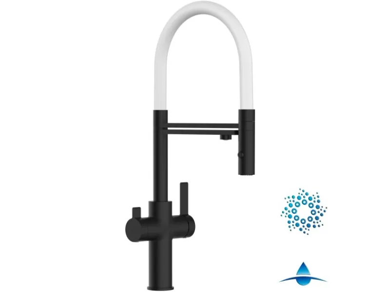 Einhebelmischer<VIZIO 4 Wege Wasserhahn Küchenarmatur FC mit 360° Schwenkbarem Auslauf Abnehmbare 2 Strahl Handbrause Schwarz Matt Weiß