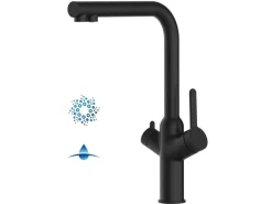 VIZIO 4 Wege Wasserhahn Küchenarmatur BOD mit 360° Schwenkbarem L Auslauf Schwarz Matt< Einhebelmischer