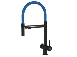 VIZIO 3 Wege Wasserhahn Küchenarmatur Edelstahl Massiv mit 360° Schwenkbarem Auslauf und Abnehmbare 2 Strahl Handbrause PVD Schwarz Matt Blau< Einhebelmischer