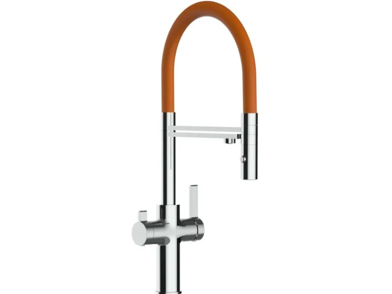 Einhebelmischer<VIZIO 3 Wege Wasserhahn Küchenarmatur FC mit 360° Schwenkbarem Auslauf Abnehmbare 2 Strahl Handbrause Verchromt Orange