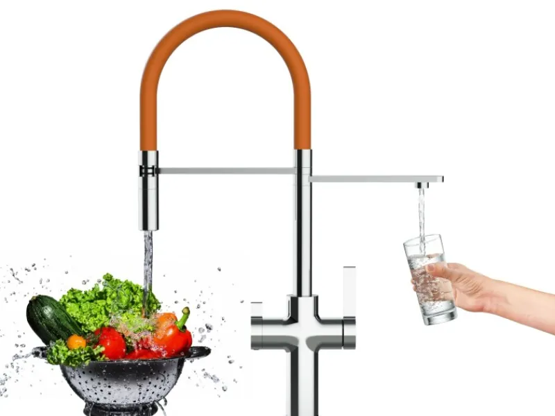 Einhebelmischer<VIZIO 3 Wege Wasserhahn Küchenarmatur FC mit 360° Schwenkbarem Auslauf Abnehmbare 2 Strahl Handbrause Verchromt Orange