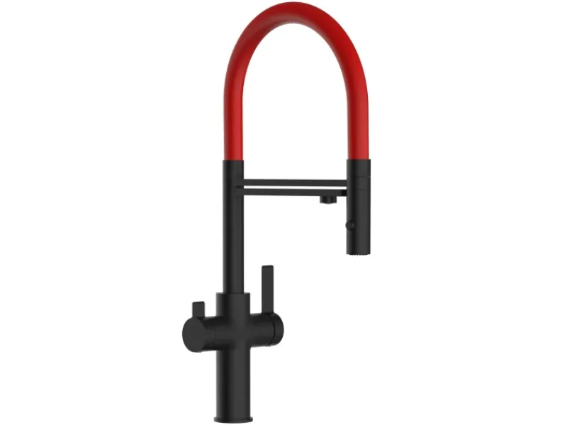 VIZIO 3 Wege Wasserhahn Küchenarmatur FC mit 360° Schwenkbarem Auslauf Abnehmbare 2 Strahl Handbrause Schwarz Matt Rot< Einhebelmischer