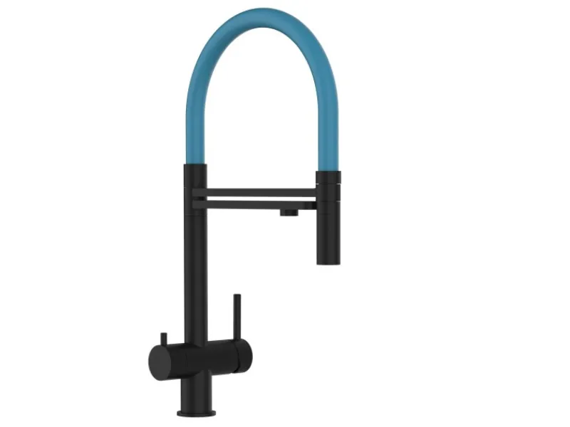 Einhebelmischer<VIZIO 3 Wege Wasserhahn Küchenarmatur Edelstahl Massiv mit 360° Schwenkbarem Auslauf und Abnehmbare 2 Strahl Handbrause PVD Schwarz Matt Hellblau