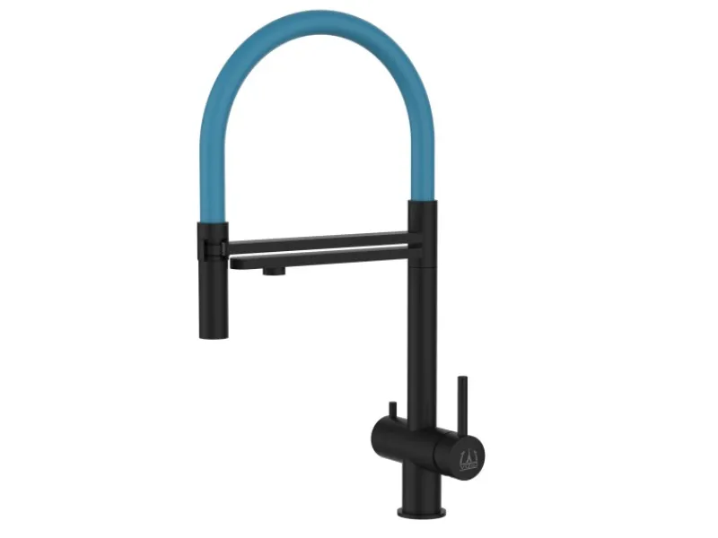 Einhebelmischer<VIZIO 3 Wege Wasserhahn Küchenarmatur Edelstahl Massiv mit 360° Schwenkbarem Auslauf und Abnehmbare 2 Strahl Handbrause PVD Schwarz Matt Hellblau