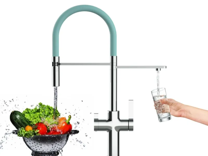Einhebelmischer<VIZIO 3 Wege Wasserhahn Küchenarmatur FC mit 360° Schwenkbarem Auslauf Abnehmbare 2 Strahl Handbrause Verchromt Türkis