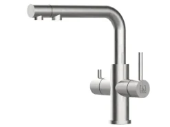 Einhebelmischer<VIZIO 4 Wege Wasserhahn Küchenarmatur Edelstahl Massiv mit Schwenkbarem L Auslauf und Herausziehbarer Brause Gebürstet