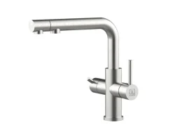 Einhebelmischer<VIZIO 4 Wege Wasserhahn Küchenarmatur Edelstahl Massiv mit Schwenkbarem L Auslauf und Herausziehbarer Brause Gebürstet
