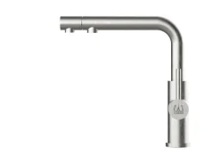 Einhebelmischer<VIZIO 4 Wege Wasserhahn Küchenarmatur Edelstahl Massiv mit Schwenkbarem L Auslauf und Herausziehbarer Brause Gebürstet