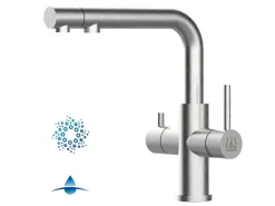 Einhebelmischer<VIZIO 4 Wege Wasserhahn Küchenarmatur Edelstahl Massiv mit Schwenkbarem L Auslauf und Herausziehbarer Brause Gebürstet
