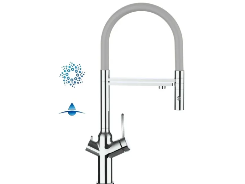 New VIZIO 4 Wege Wasserhahn Küchenarmatur BOD mit 360° Schwenkbarem Auslauf Abnehmbare 2 Strahl Handbrause Verchromt Grau
